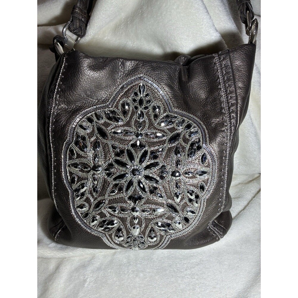 Brighton Metallic Bronze Pewter Leather Hobo Shoulder Bag Jeweled